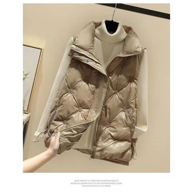 Chaleco de algodón para mujer, chaleco holgado con cuello levantado, acabado brillante, ropa de abrigo sin mangas sin lavado, chaleco cómodo y cálido para mujer