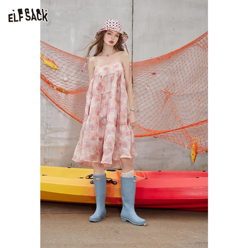 

ELFSACK 2024 Summer New Arrivals Pink tie dye floral suspender dress, women's sweet vacation style dress