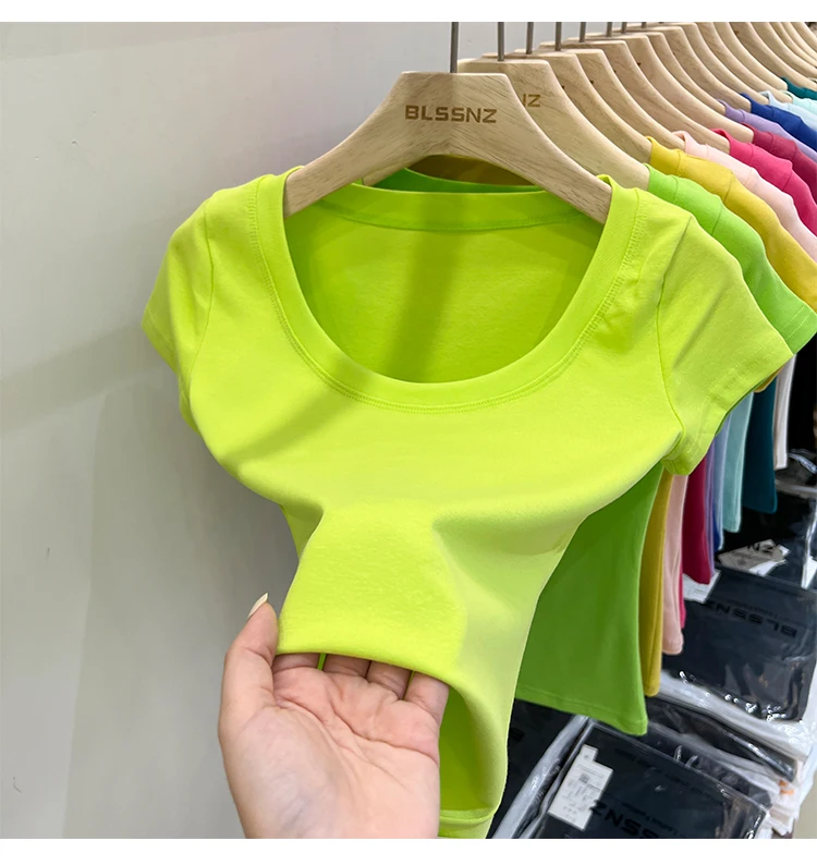 2026 Sexy Quadratischer Ausschnitt Slim T-Shirt Damen Baumwolle Elastisch Basic Einfarbig Lässige Oberteile Kurzarm Dünne T-Shirts Transparent – Detail 6