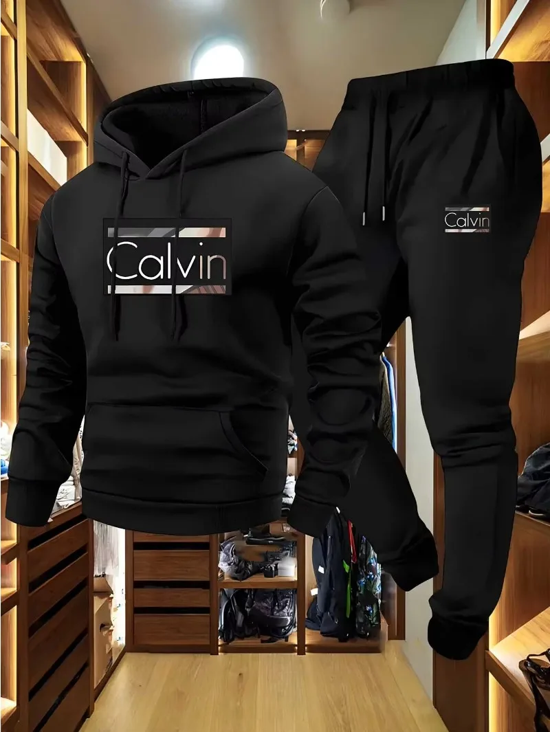 Men's Letter Print Hoodie & Loose Drawstring Pants Set Casual Comfortable Breathable Tracksuit With Kangaroo Pocket