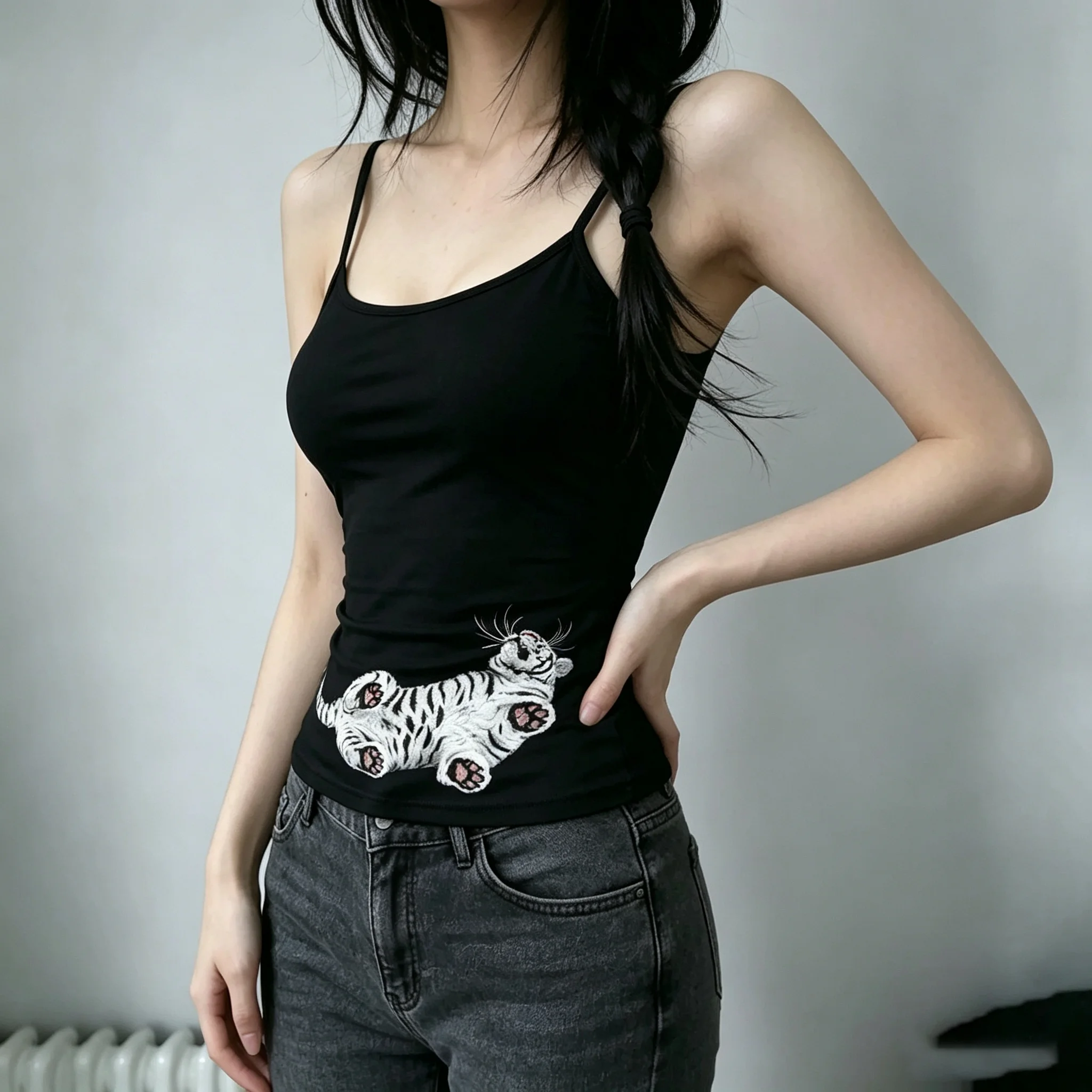 Women Black Tank Top Cute White Tiger Cub Print Straps Slim Sleeveless Y2K Egirl Soft Stretch Summer Fashion Trends Daily Punk