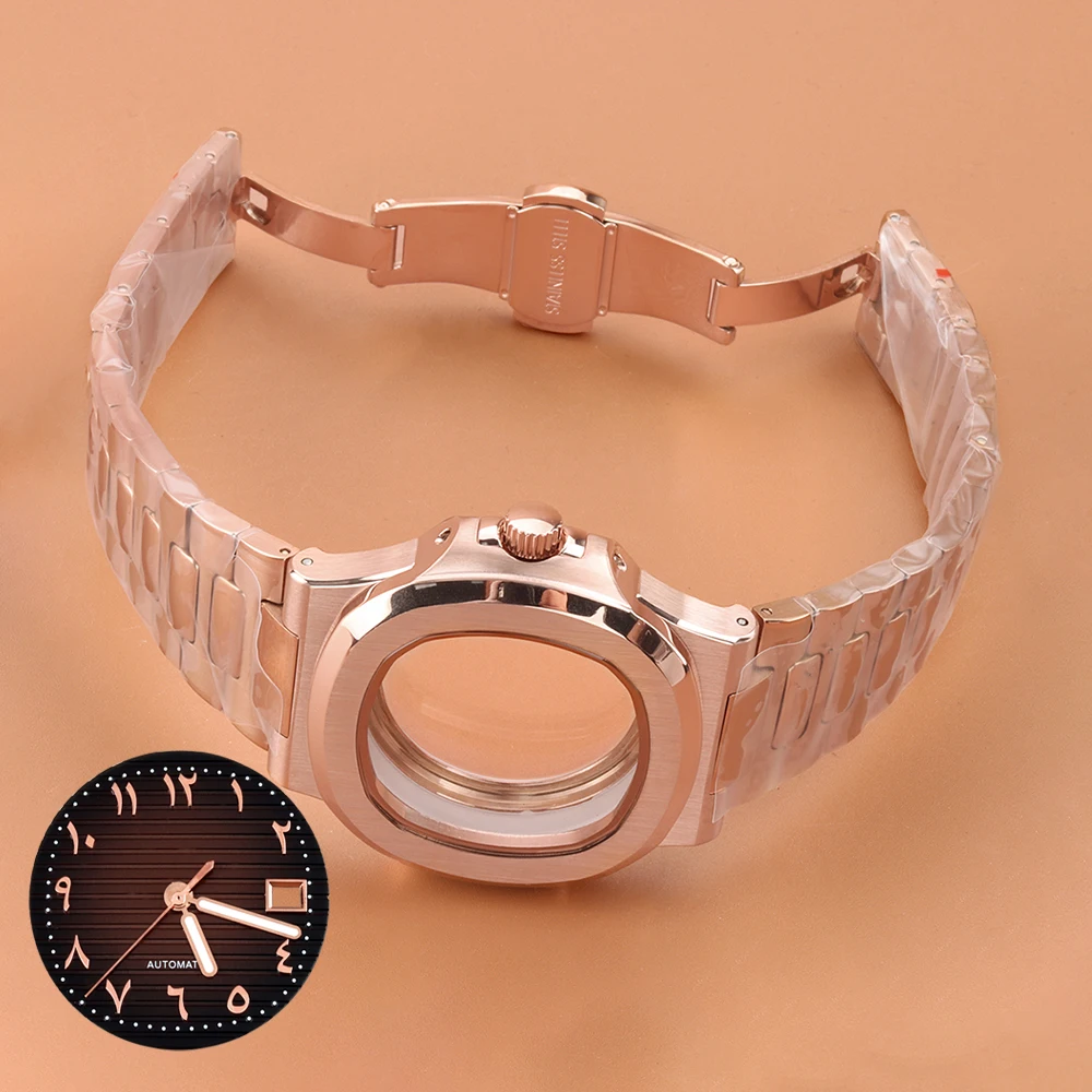 

Розовое золото nh35 Корпус Браслет 29,8 мм Арабские цифры Циферблат часов Стрелки Нержавеющая сталь 316L Для Nautilus NH35 NH36 NH38 Механизм