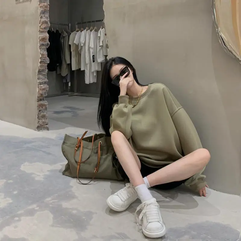 Suéter de mujer estilo otoño manga larga suelto verde cuello redondo Top mujer