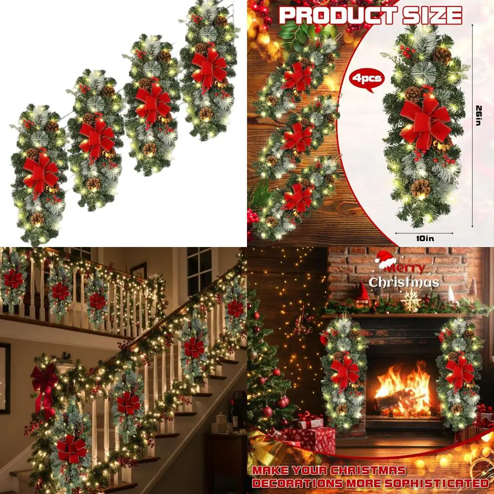 

26 Christmas Swags with LED Lights, Red Bows & Teardrop Wreaths for Stairway & Outdoor Home Decor