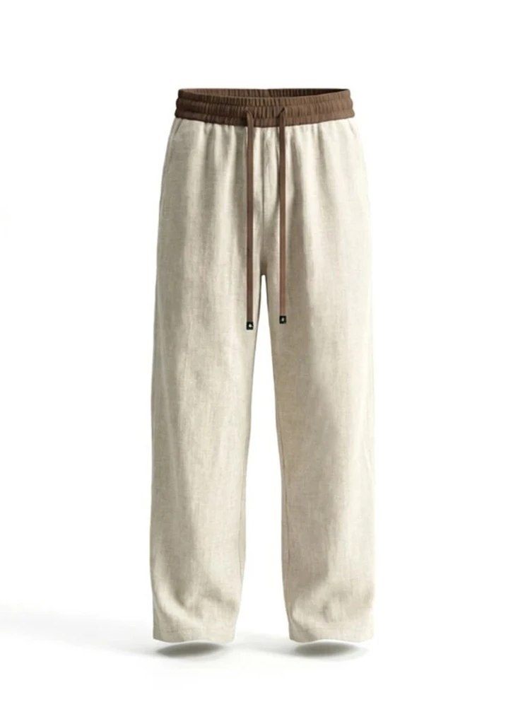 

Summer 2026 High End Linen Pants Loose Straight Leg Casual Trousers Color Block Simple Men's Comfortable Skin-Friendly Pants