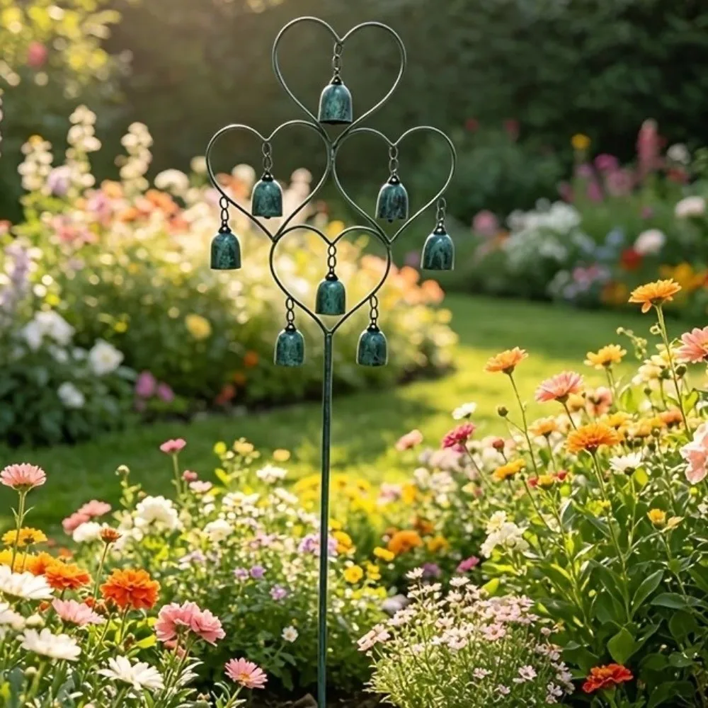 Creative Heart-Shaped Metal Garden Stake Rustic Antique Finish Wind Chime Ground Plug Handmade Wind Chime Ornament Yard Decor
