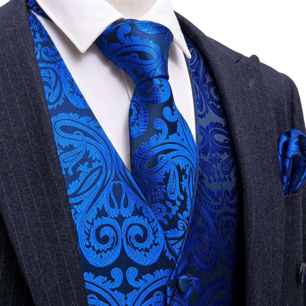 Elegant Men\'s Vest Silk Royal Blue Sky Blue Navy Paisley Gift Male Formal Waistcoat Suit Sleeveless Jacket Dress Barry Wang