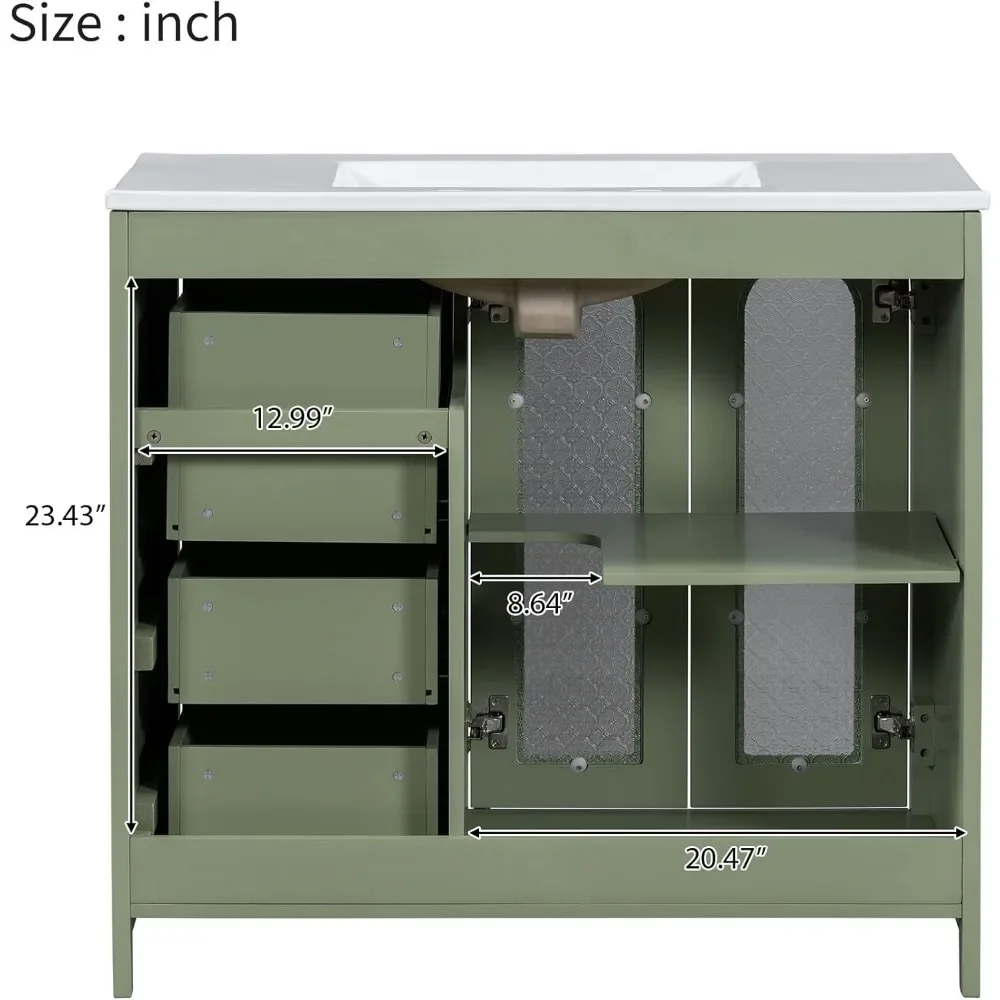 36" Bathroom Vanity with Sink Combo, Freestanding Bathroom Storage Cabinet, Green Vanity with 3 Drawers & Glass Doors