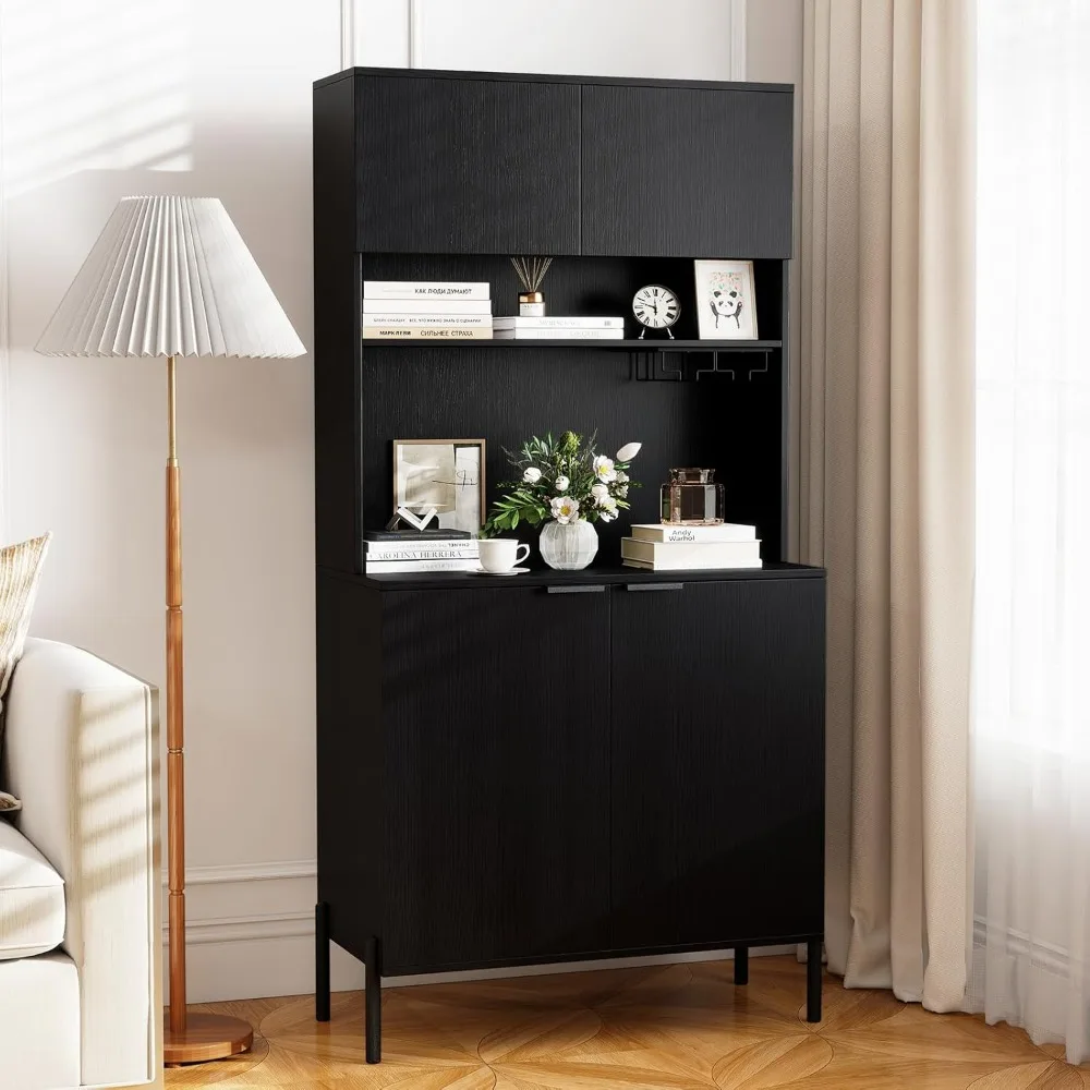 64.5” Tall Kitchen Pantry Cabinet, Buffet Sideboard with Charging Station, Modern Wine Bar Cabinet with Wine Glass Rack,