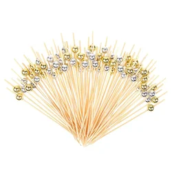 100Pcs Gold Beads Bamboo Fruit Sticks 12cm Fruit Salad Snack Fork Cocktail Decor Cake Buffet Toothpicks Wedding Party Supplies