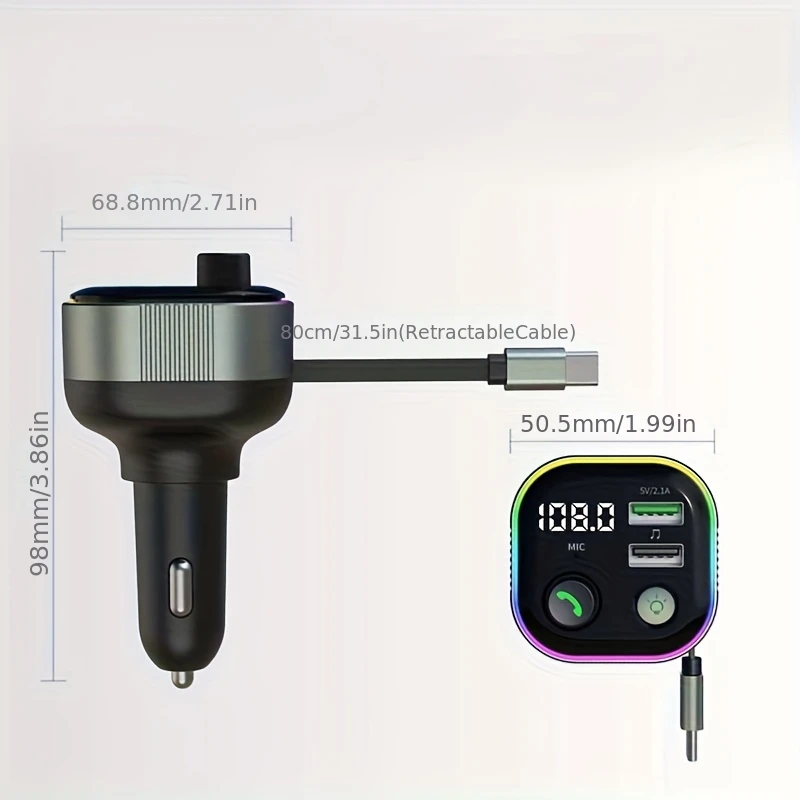 

1 Car Wireless Player Hands-Free Phone FM Transmitter Audio Receiver - Colorful Ambient Lights, In-Car Entertainment, LED Lighti