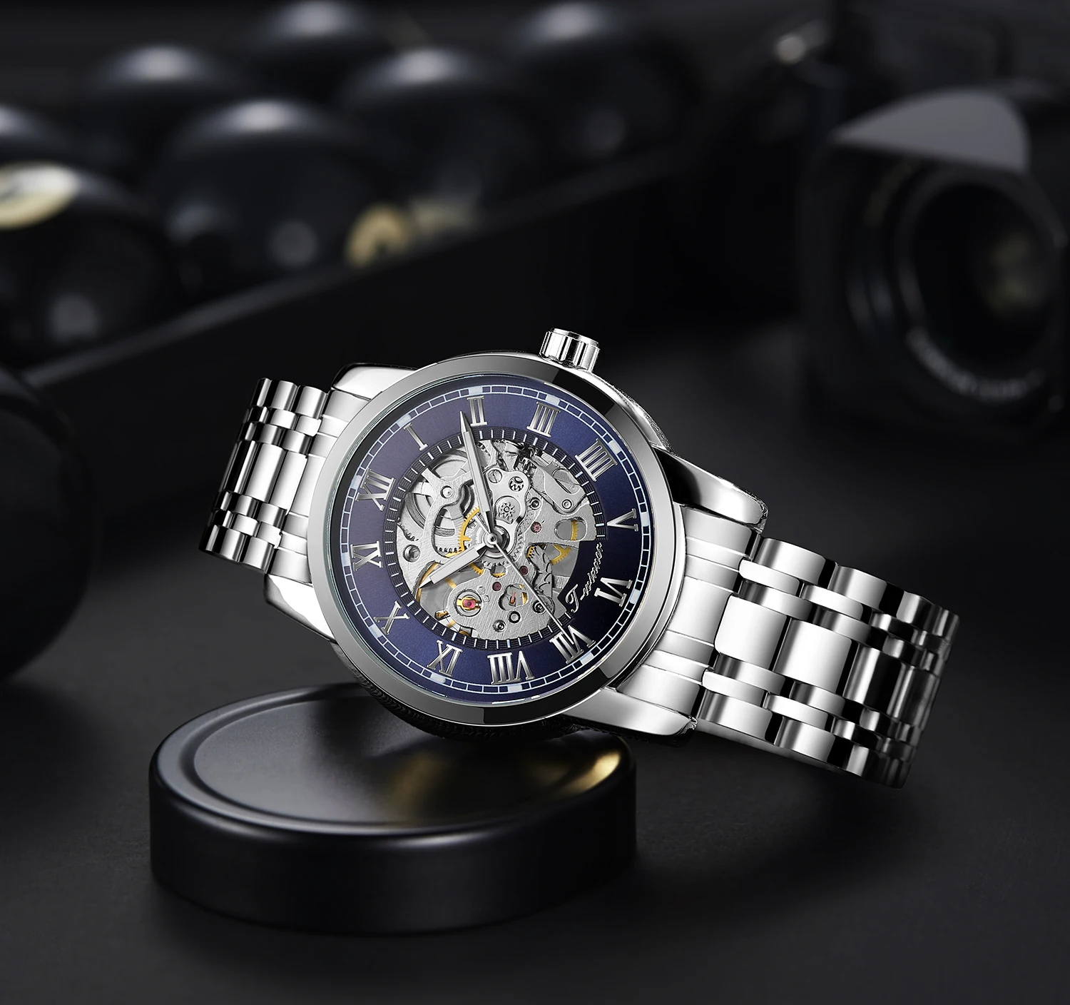 T-WINNER Fashion Luxury Men's Skeleton Automatic Mechanical Watches Luminous Pointers Roman Numerals Steel Business Wristwatches