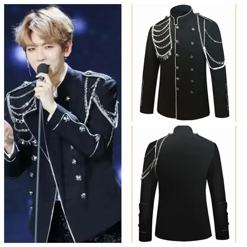 

Men Coat Court Stand Collar Black Double Button Metal Chains Jacket Outerwear Bar Singer Dance Concert Stage Performance Clothes