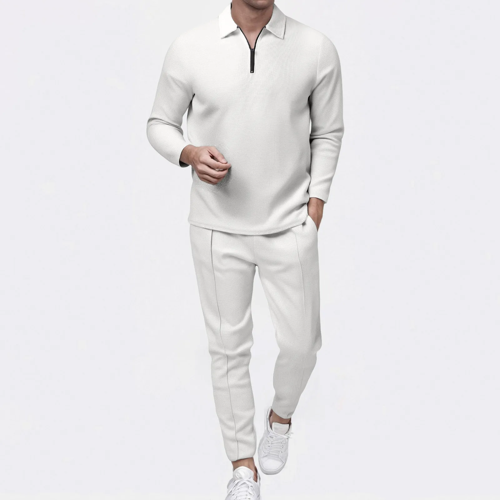 6 قطعة بدلة رجالية بلون سادة متماسكة نصف سحاب كم طويل سراويل طويلة أطقم رياضية غير رسمية 38s بدلة رجالية