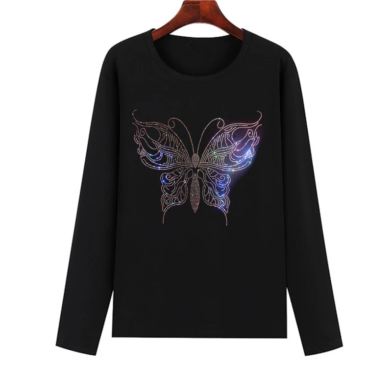 Beautiful butterfly diamond pattern women's T-shirt loose casual large-size women's T-shirt in spring and autumn