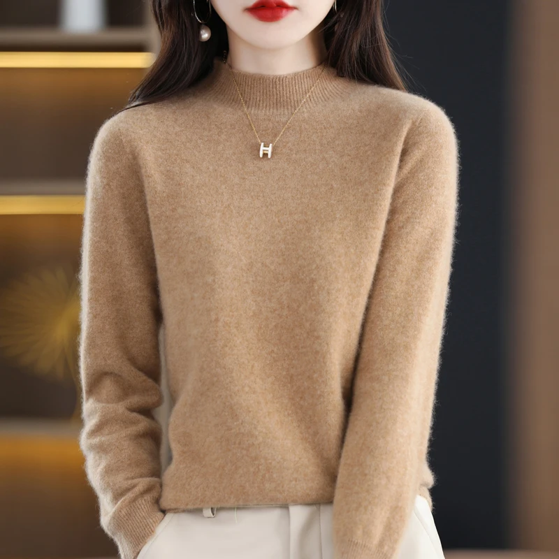 Autumn And Winter Women\'s Pullover 100% Pure Wool Seamless Ready-To-Wear Semi-High Collar Skin-Friendly Fashion Knitted Sweater