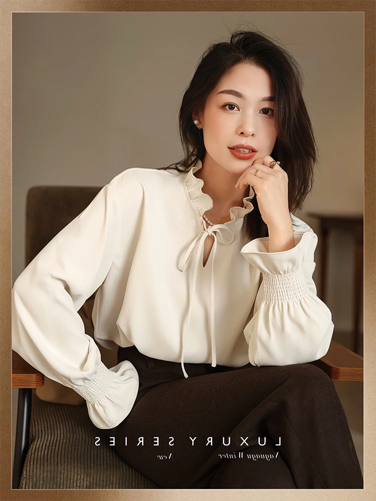 

White Lace Collar Long Sleeve Shirt Women's Spring New Style Commute Layering Base Layer Shirt Autumn Winter Fashion Ladies' ...