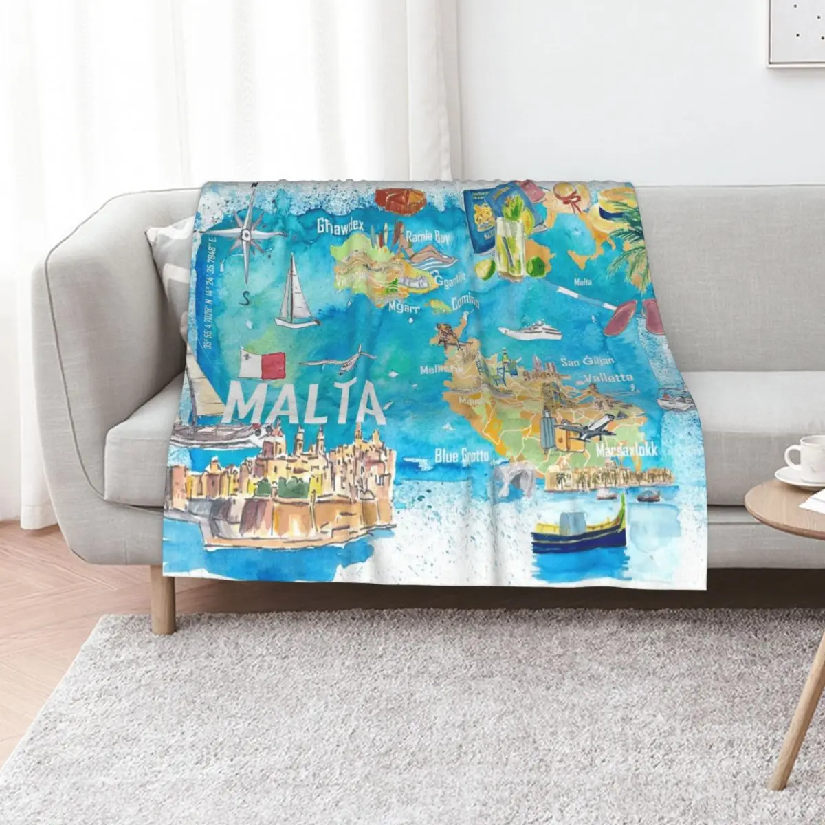 Malta Illustrated Island Travel Map with Roads and Highlights Throw Blanket Luxury St Weighted Hairys sofa bed Luxury Blankets