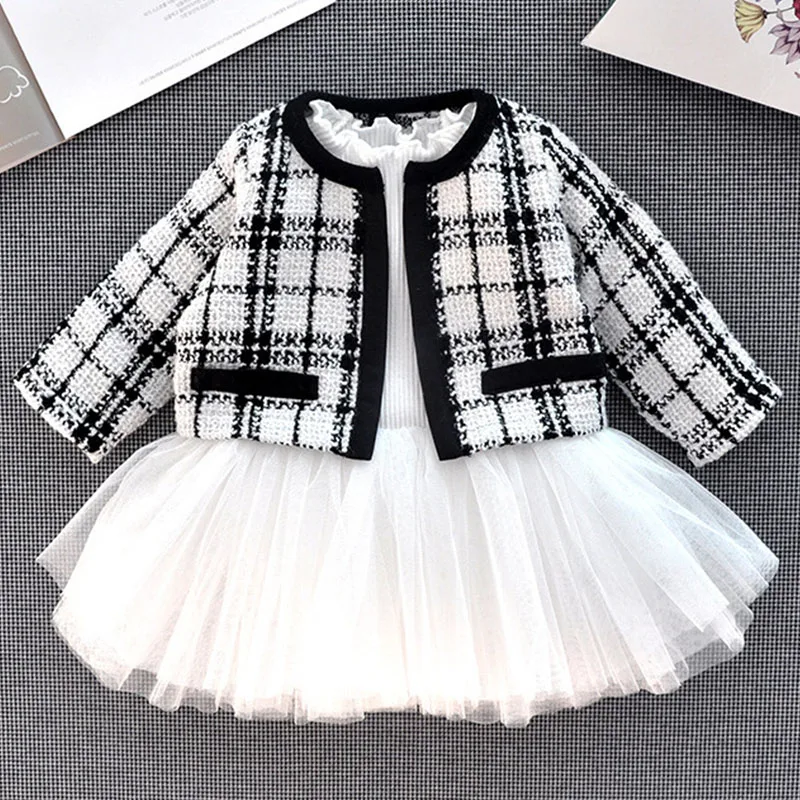 2Piece Spring Fall Infant Girl Clothes 0 To 6Months Korean Fashion Plaid Cotton Long Sleeve Tops+Princess Dress Baby Stuff B184