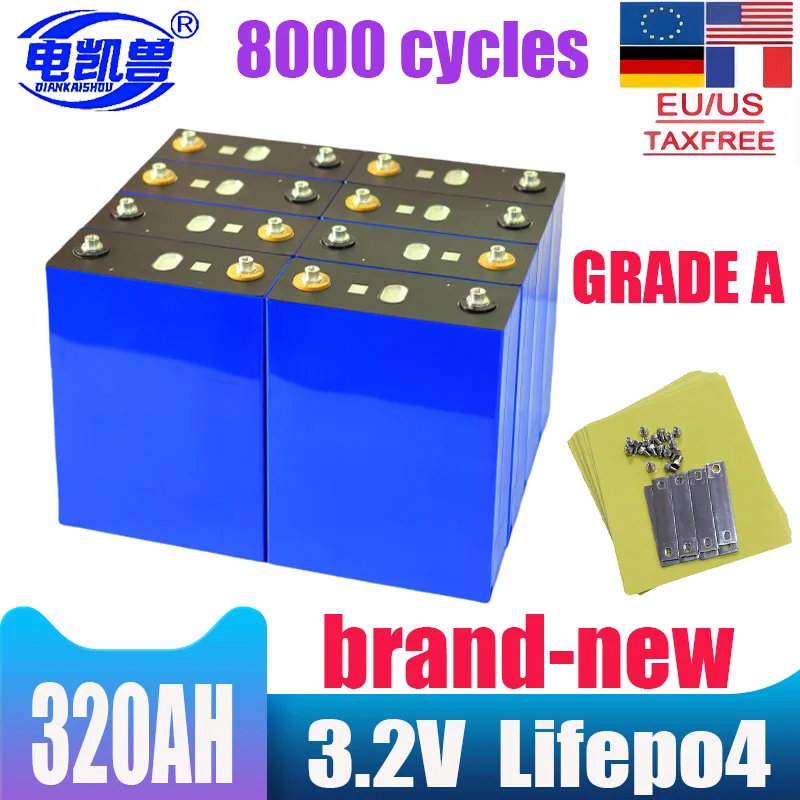 

Новый A-класс 320 Ач 3,2 В LiFeP04 литий-железо-фосфатный аккумулятор 8000 циклов перезаряжаемый аккумулятор DIY 12 В 24 В 48 В солнечная серия