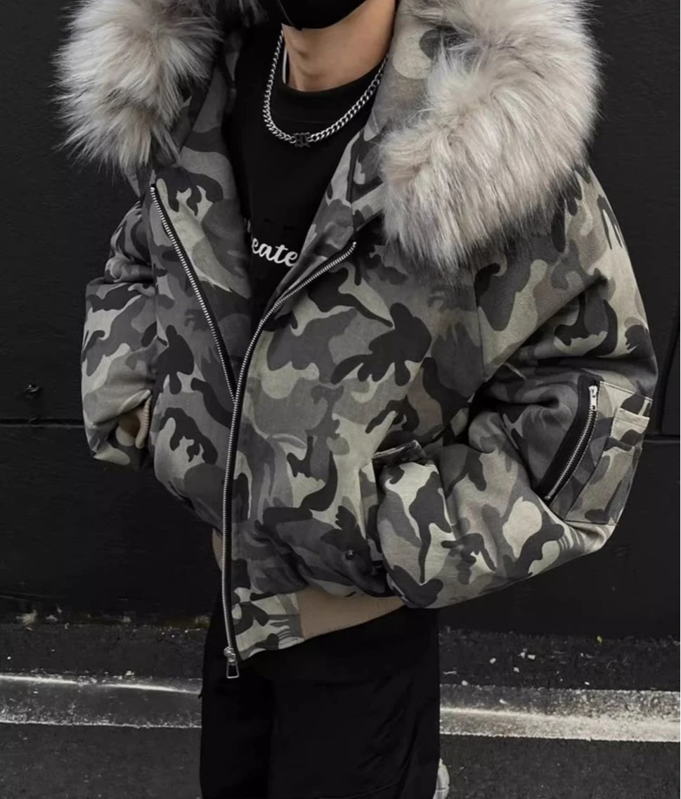 النمط الأمريكي التمويه الفراء طوق مقنعين مكافحة الباردة الشتاء معطف الشتاء 2025 الدافئة فضفاض جاكيت من الصوف العصرية رجالي معطف سميك #1