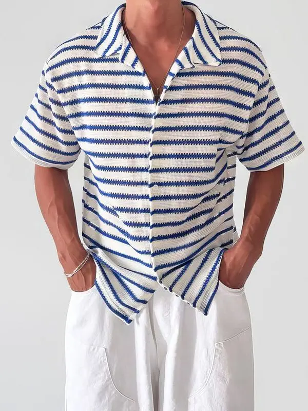 

Korean Style Casual Striped Hollow out Short Sleeve Knitted Loose Fit Collared Shirt Men's Summer Fashion Loose Top