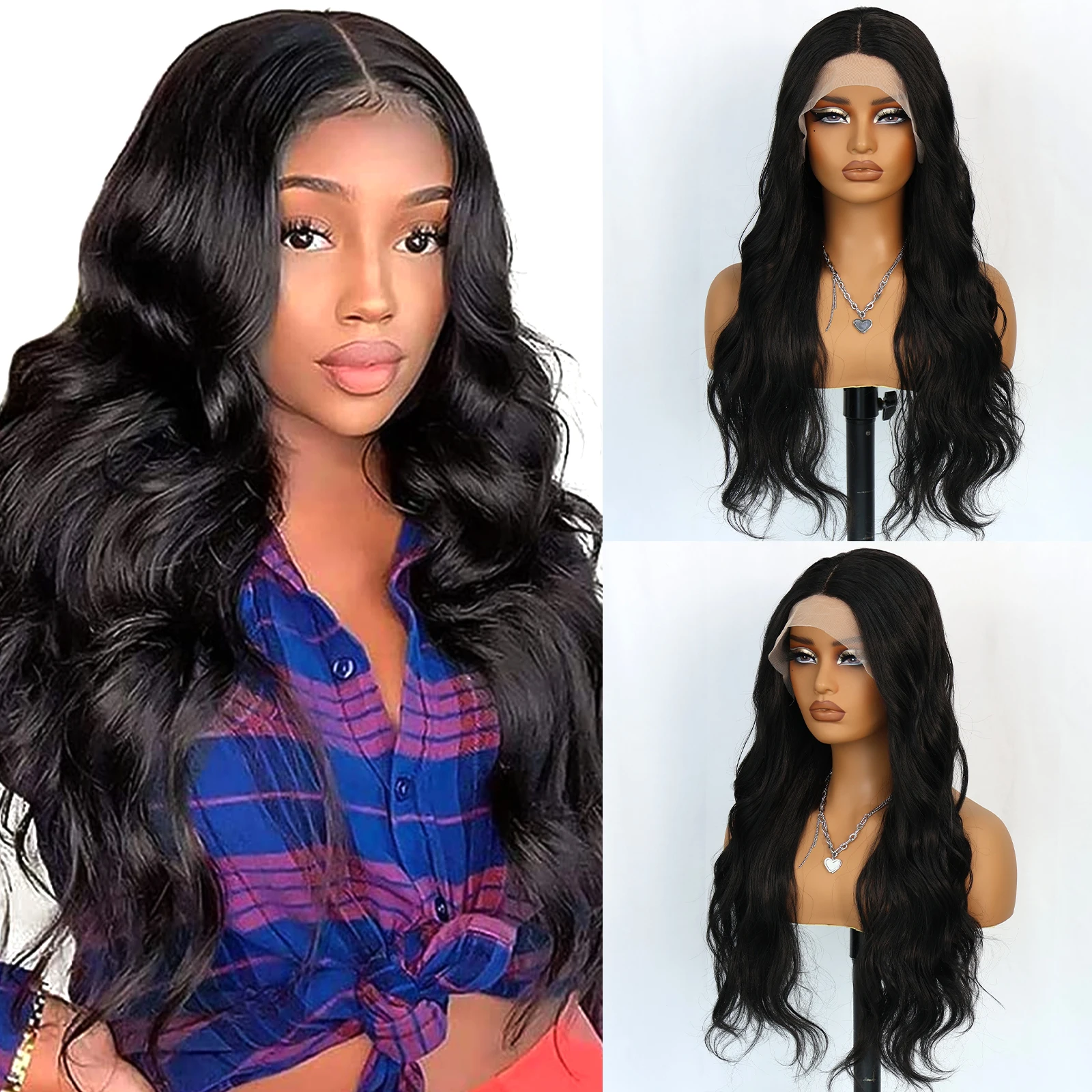 

Aubree 13*4 Lace Front Synthetic Wigs 28 inches Long Wavy 180 Densisy Heat Resistant Natural Black Lace Wigs Cosplay Wig