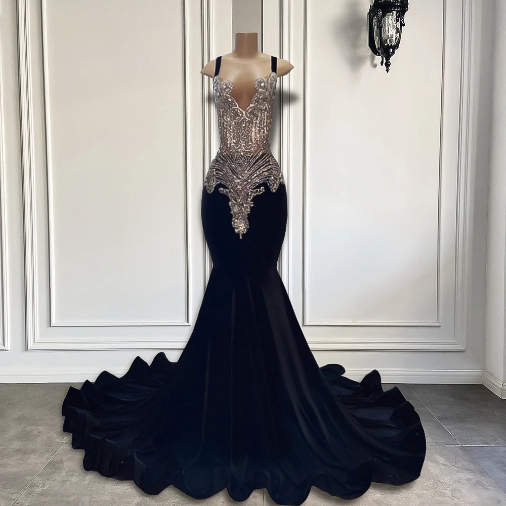 

Luxury Long Prom Dresses 2025 Sexy Mermaid Style Sparkly Silver Diamond Crystals Black Girl Velvet Prom Party Gowns