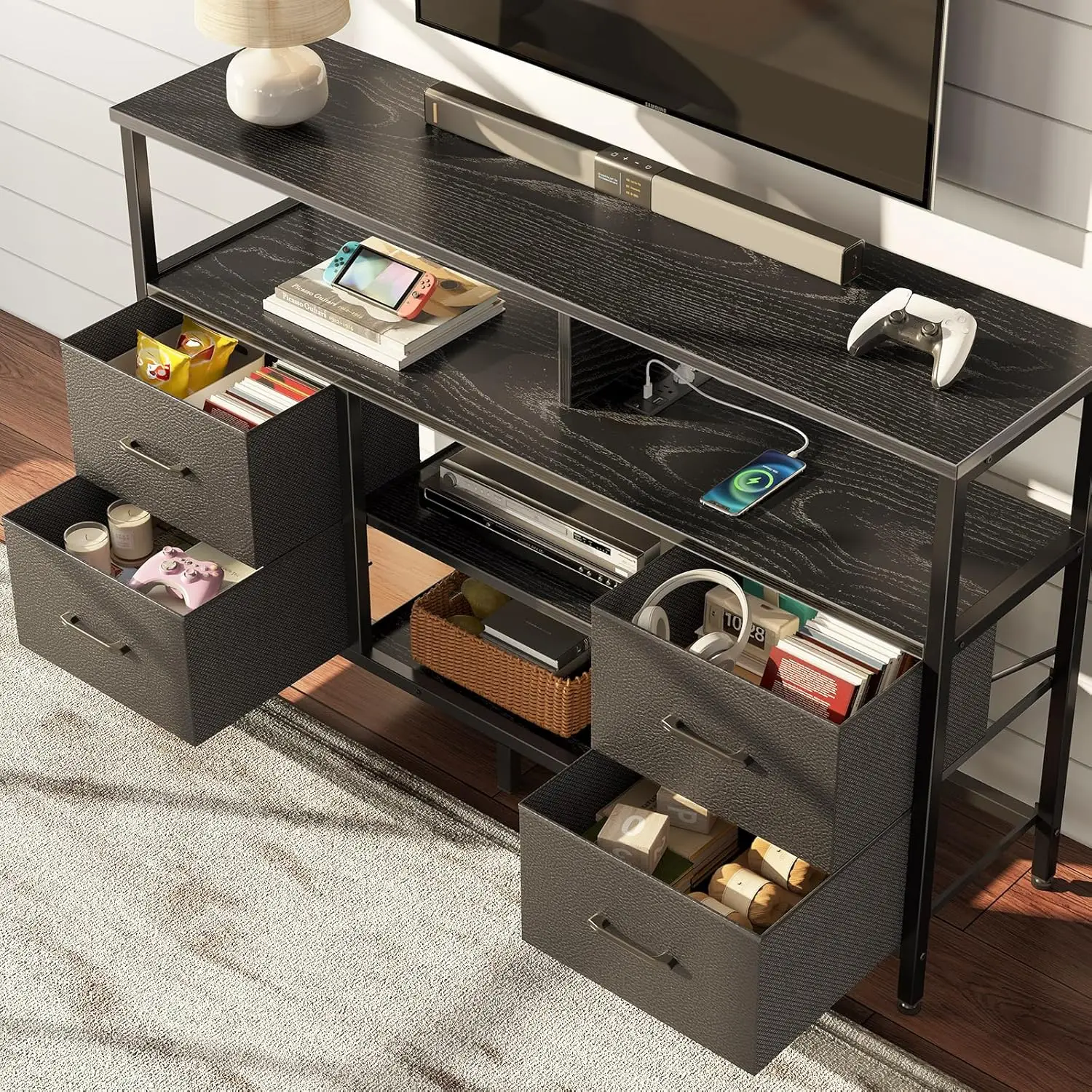 NEW TV Stand with Power Outlets and LED Light, 4 Fabric Drawers Entertainment Center for 32/45/55/65 inch TVs,Black image 2