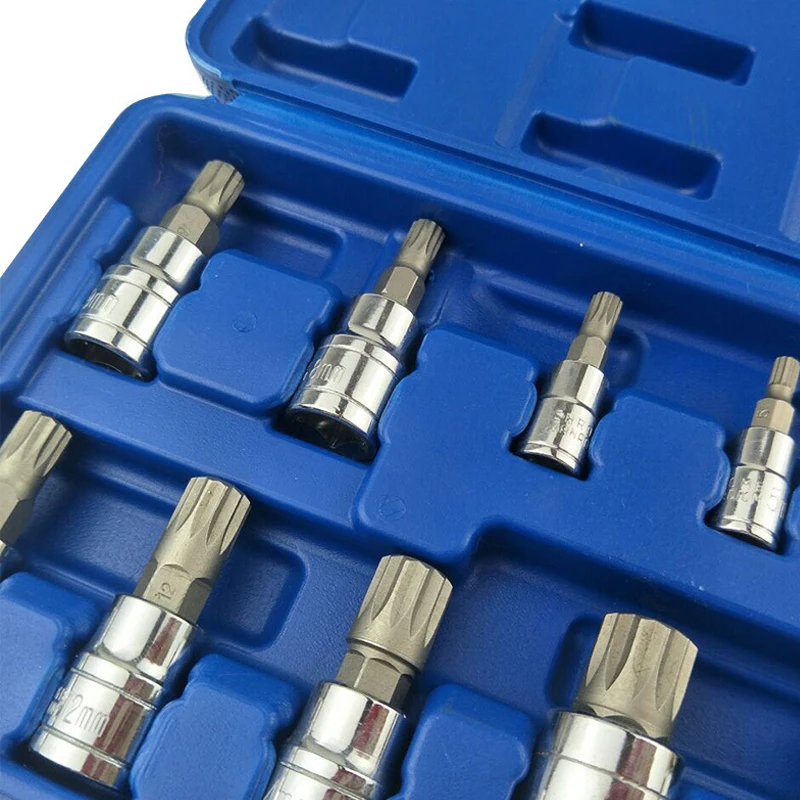 10Pcs 12 Point Professional Square Spline Bit Socket Set Tamper Proof for Bicycle Car Automotive Tools with Box Automotive Tools