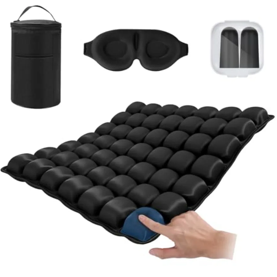 

Портативная надувная подушка для сиденья, набор для путешествий на самолете с чехлом для хранения, маской для глаз и берушами, подходит для сидений самолета/автомобиля/офиса