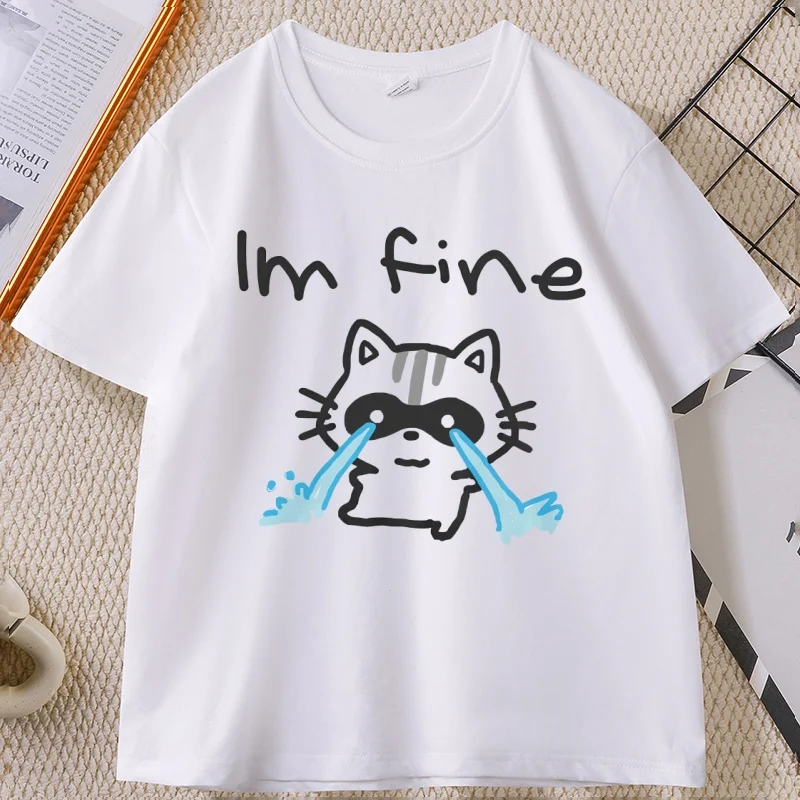 I'm Fine T-Shirt Men & Women's Unisex Graphic Tee Crying Raccoon Tee Mental Health Meme T Shirt Casual Cotton Short Sleeve Tees