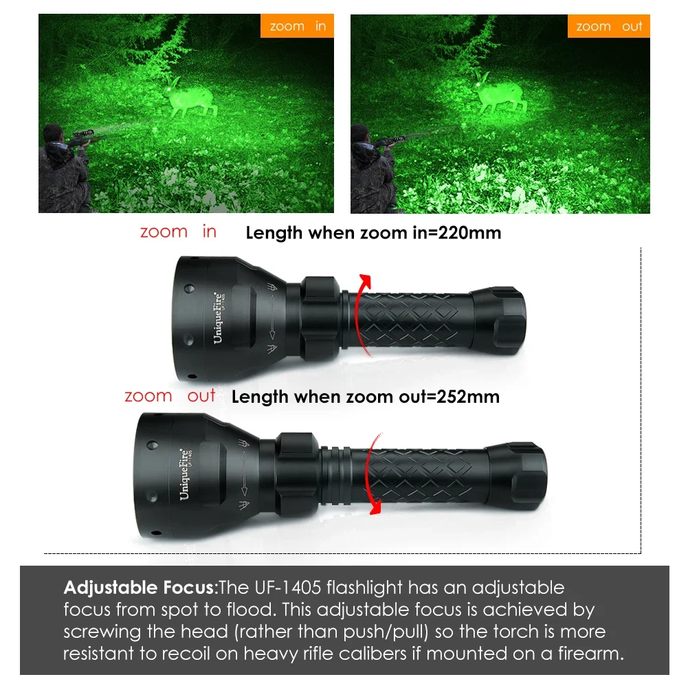 UniqueFire 1405 XPE LED Flashlight Green Beam Light 3 Mode Adjustable Zoomable Tactical Night Hunting Light For Hog Pig Coyote