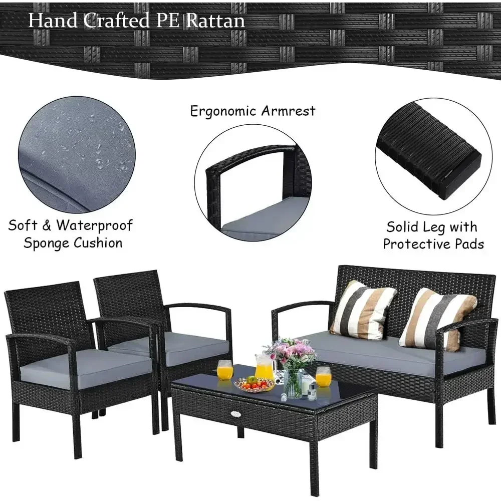 8-Piece Outdoor Patio Furniture Set with Wicker Chairs, Gray Cushions, and Tempered Glass Table for Backyard, Balcony, or Porch