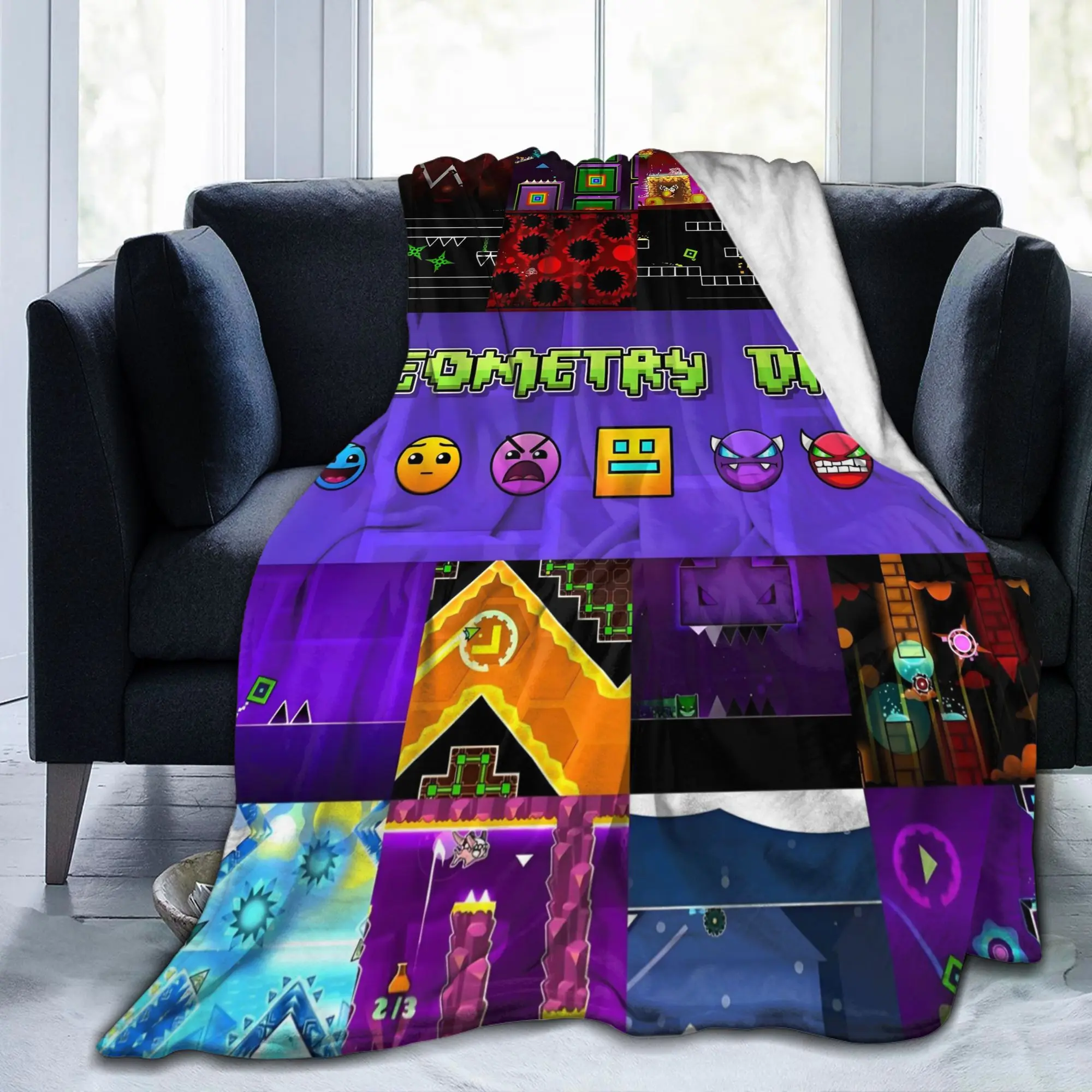 Custom 3D Print Popular Geometry Dash Blankets Breathable Soft Flannel Autumn Game Levels Throw Blanket for Couch Office Bedding