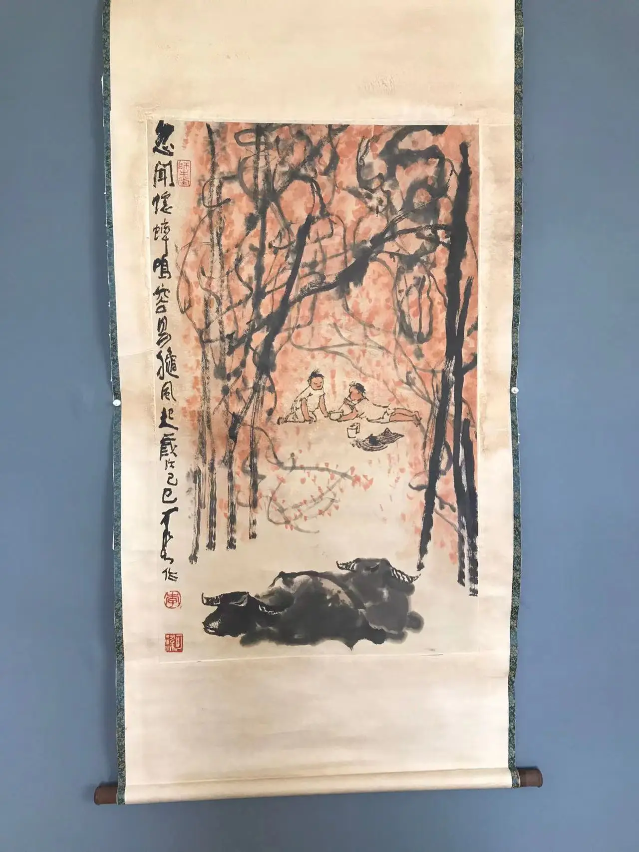 Old Chinese Hand-painted Chinese paintings,Ancient Chinese  Scroll,Shepherd boy playing the flute