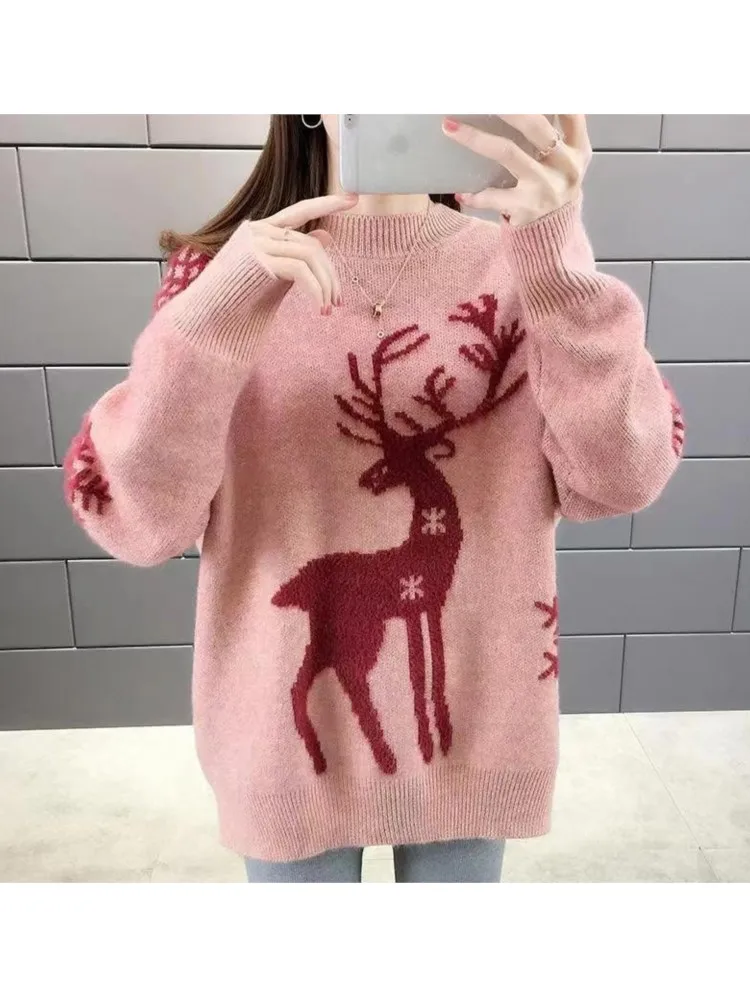 

Рождественская зимняя одежда 2025 года, женская универсальная свободная одежда в простом стиле, удобный палевый жаккардовый повседневный свитер для поездок на работу