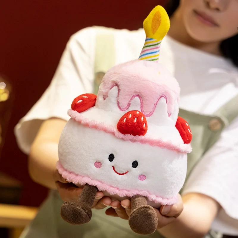 Cartoon Anime Kawaii Roze Regenboog Aardbei Suikerspin Taart Knuffel Leuke Gelukkige Verjaardagstaart Poppen Handgemaakt Cadeau voor kinderen