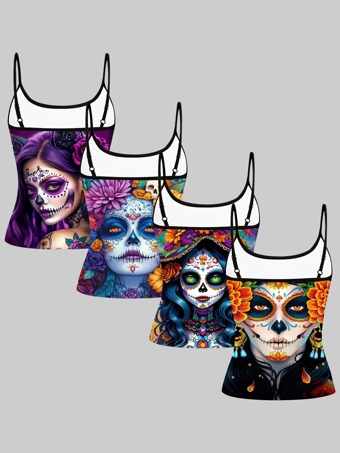 Women's 4-Piece Set of Printed Camisoles with Mexican Day of the Dead Sugar Skull, Floral, Rose, and Portrait Designs, Slim-Fit, Flattering, Sleeveless Tops for Outerwear or Layering