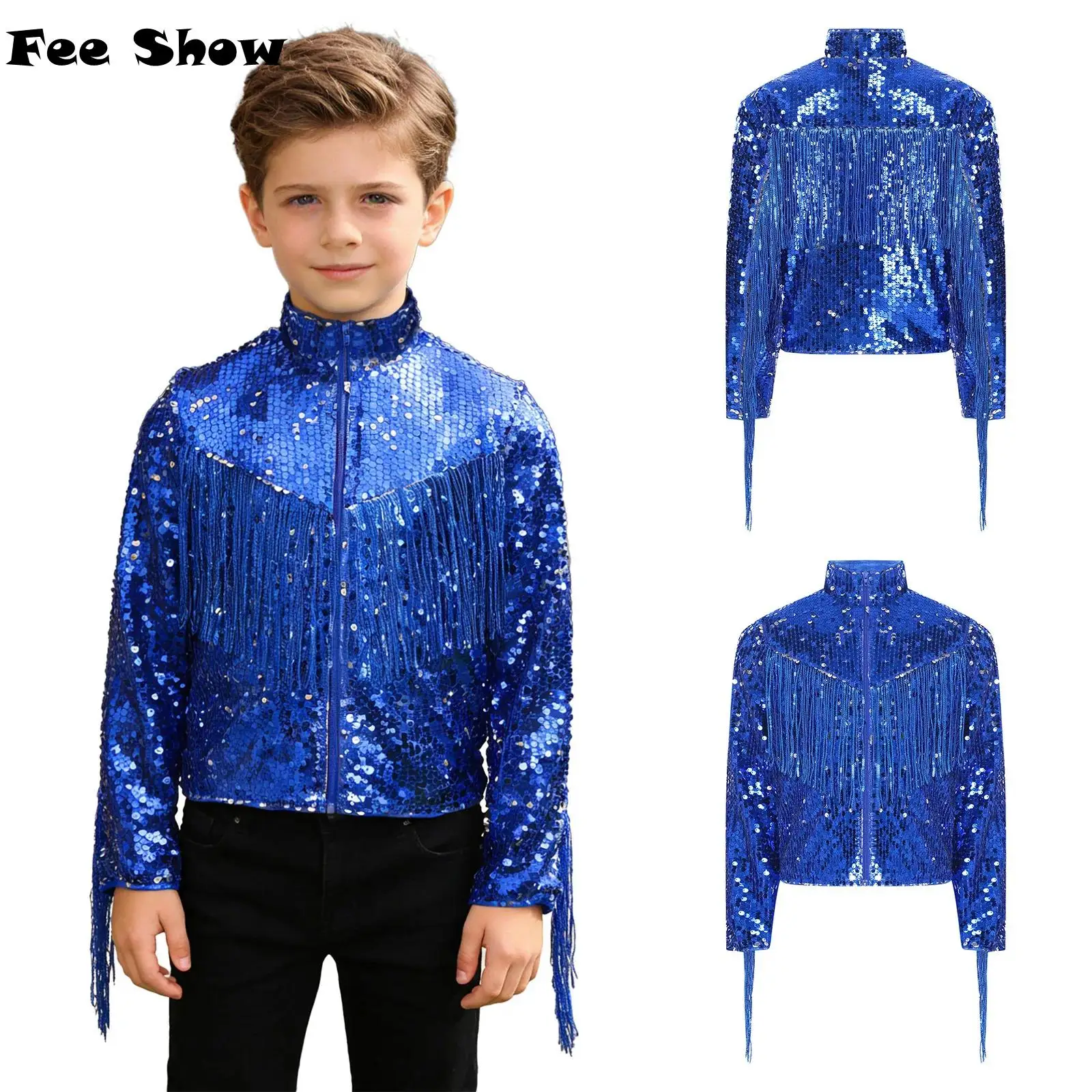 

Куртка для мальчиков с блестками и пайетками, с длинными рукавами, воротником-стойкой, молнией спереди и бахромой, верхняя одежда для джазовых танцев и ковбойских вечеринок