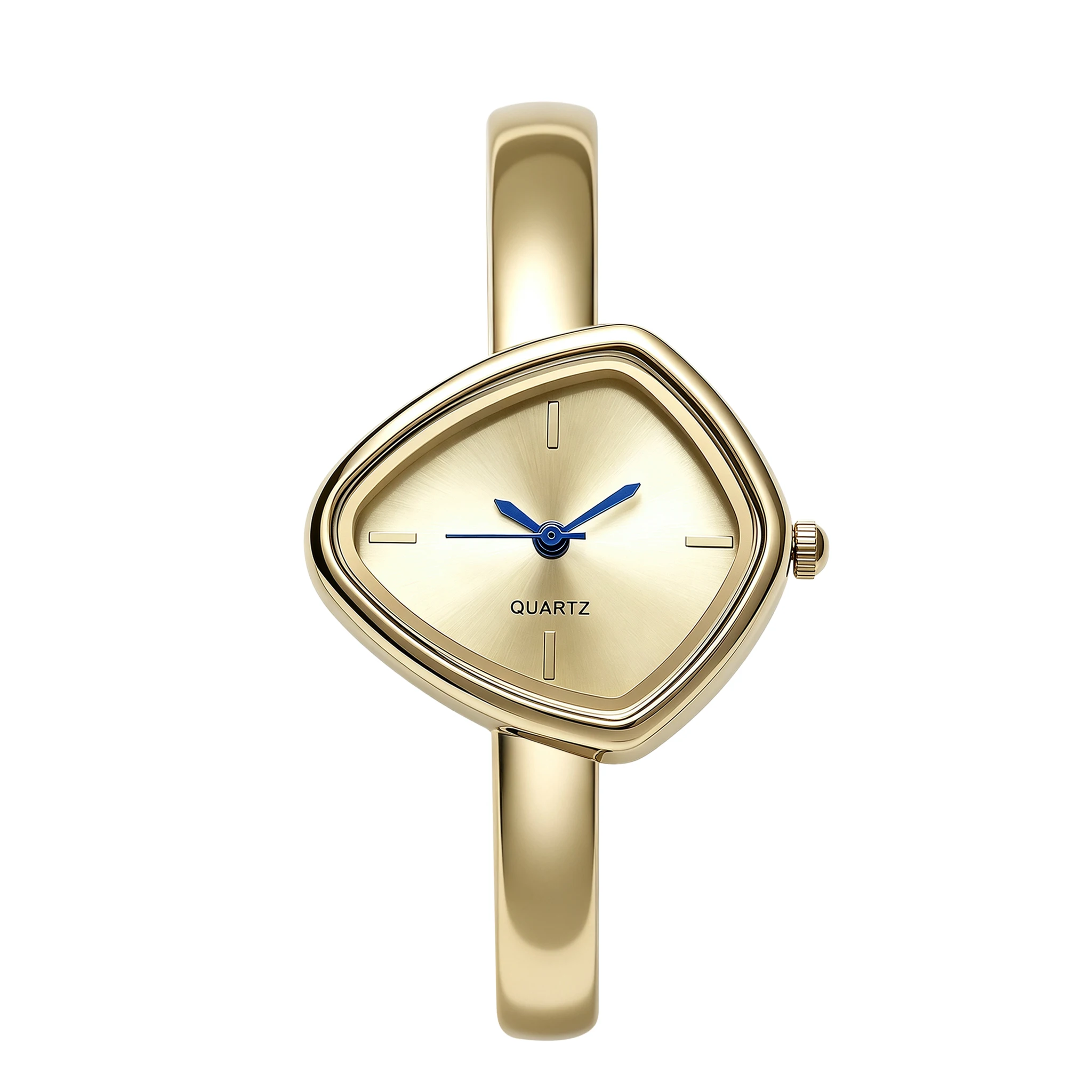 Minimalist Elegant Women Quartz Wristwatch Irregular Case Brushed Dial Blue Hands Alloy Band Women Watches