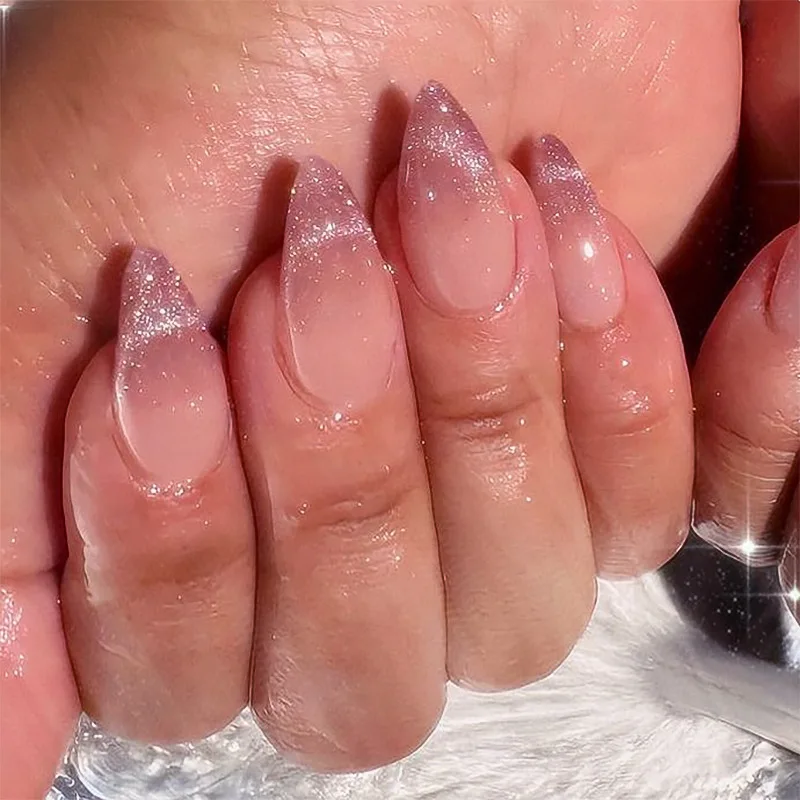 24Pcs Simple Glitter Almond False Nails with Glue Ballerina Nail Design Sweet Cool French Detachable Press on Nail Manicure Tips