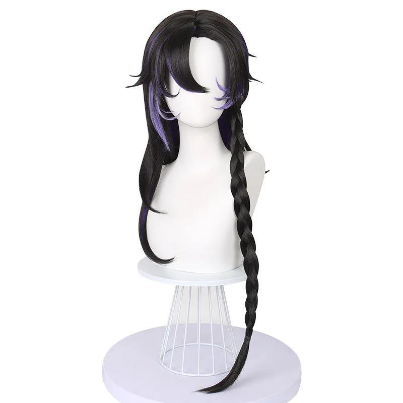 陰陽師湯矢里コスプレウィッグ黒と紫の編み込み付きリアルな頭皮トップウィッグ