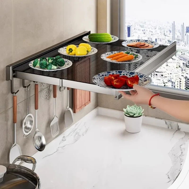 

‌Foldable Kitchen Organizer - Wall Mounted Prep Station with Vegetable Tray, No Drill Storage Rack for Cooking
