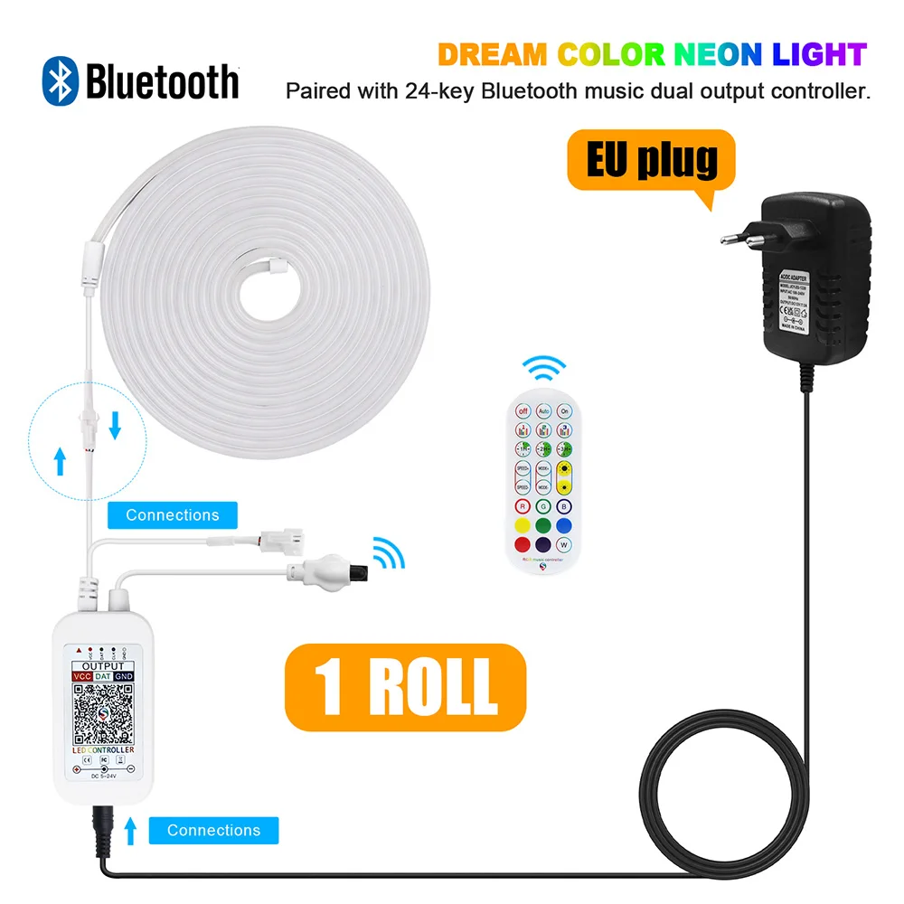 Kompatybilny z Bluetooth RGB WS2811 LED Neon Strip 12V 24V Zdalne sterowanie EU US UK AU Zestaw zasilania Flex Rope Light Tape Decor Waterpoof