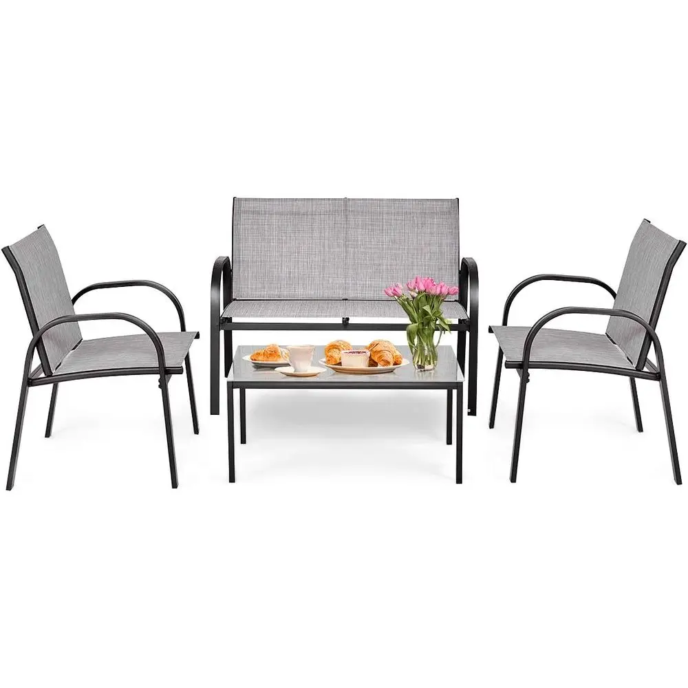 

Gray Heavy-Duty Metal Patio Furniture Set with Glass Top Coffee Table, 2 Armchairs, and Loveseat for Outdoor Spaces