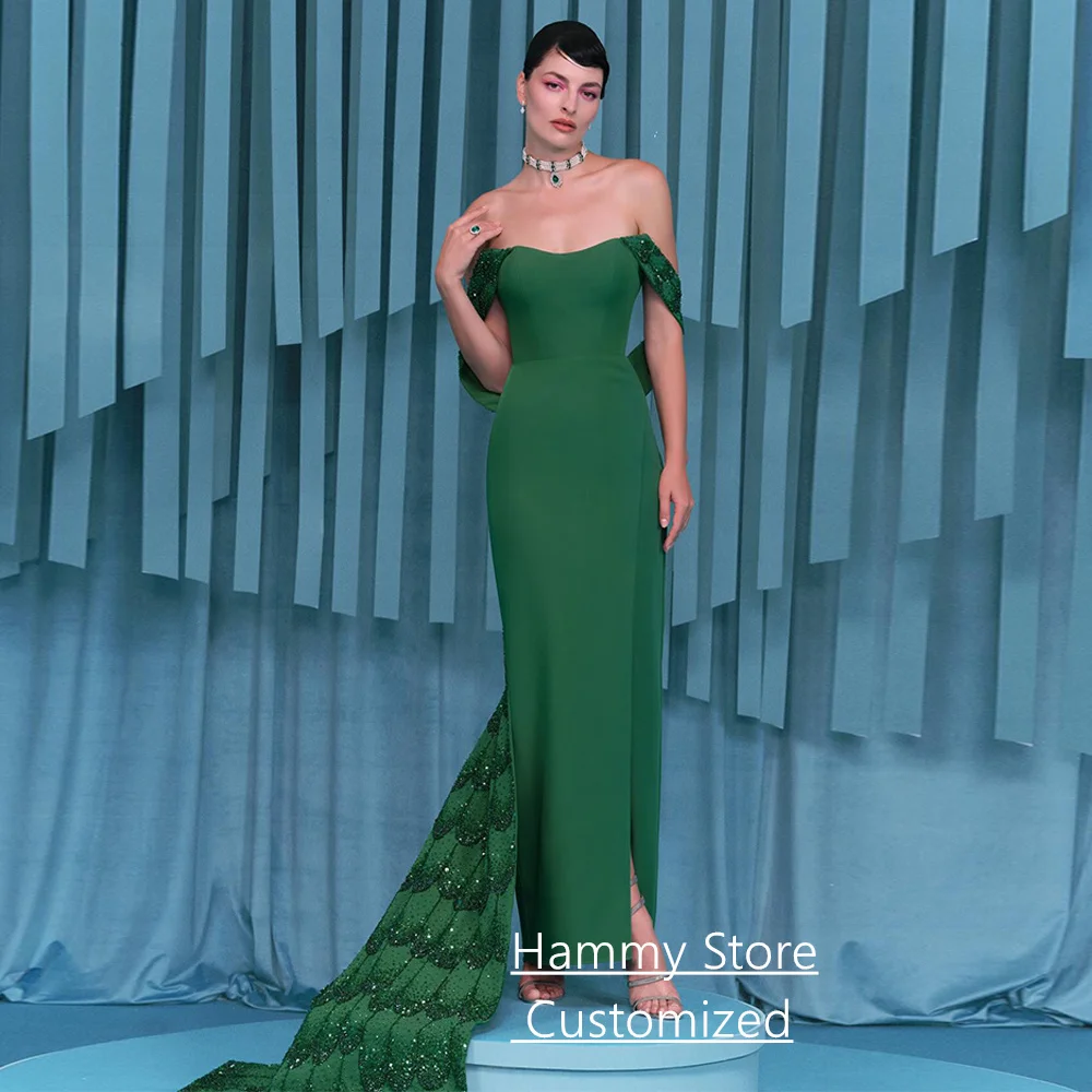 Hot Green Evening Dress Customized Off The Shoulder Sparkling Sequined Saudi Arabian Party Gown Pageant Prom Dresses