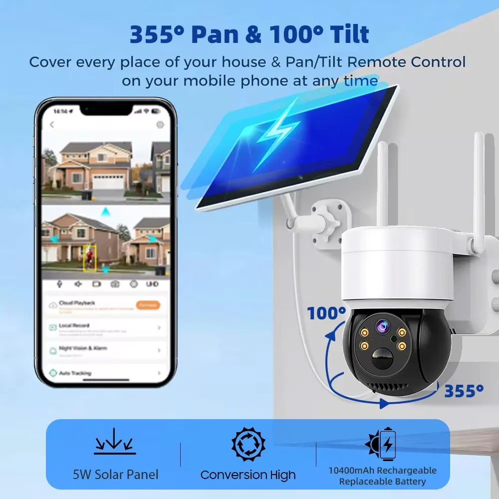Solar Panel Wifi Camera HD 5MP Outdoor PTZ With Rechargeable Battery PIR Motion Detection Audio 100% Wireless Security IP Camera