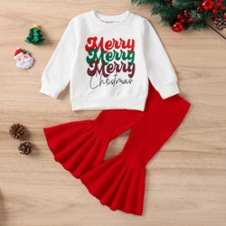 2PCS Autumn Trend Fashion For Girls Aged 0-3 Years Old, Christmas Letter Printed Hoodie + Red Bell-Bottom Pants Set