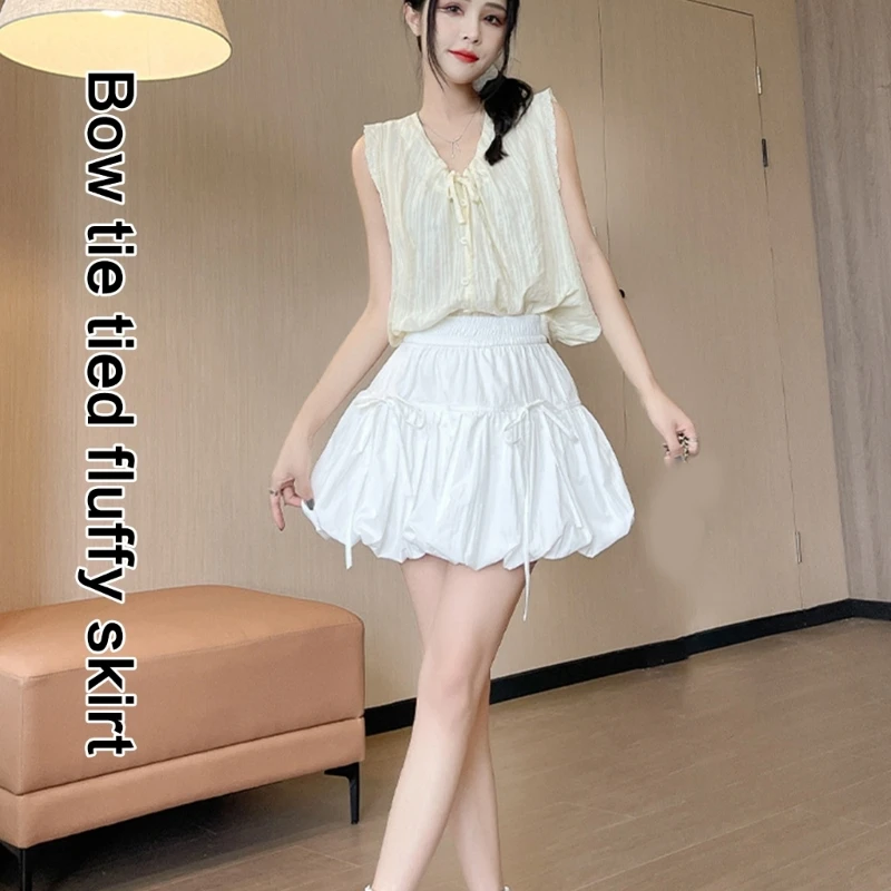 Women Sweet Bowknot Bubble Short Skirt Ruffle Pleated Balloon Skirts Elastic Waist A Line Flared Skirt Streetwear 066C